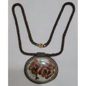 Vintage Hand Painted Carbochon Beaded Necklace Flower Clasp